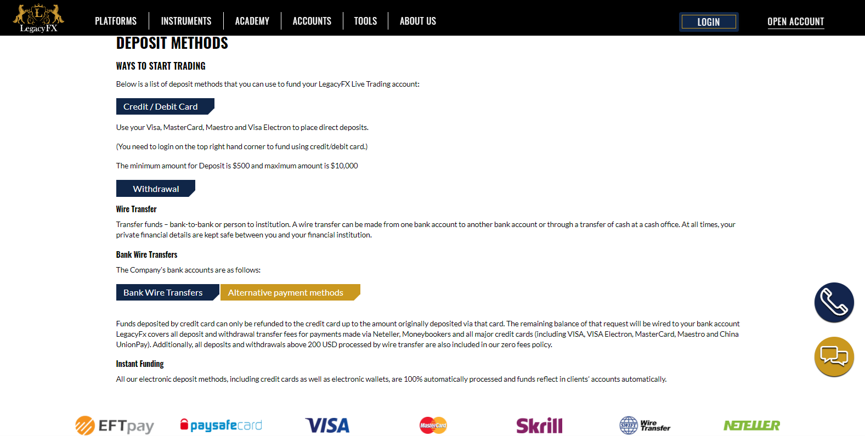 Dépôts et retraits de LegacyFX Dépôts et retraits de LegacyFX